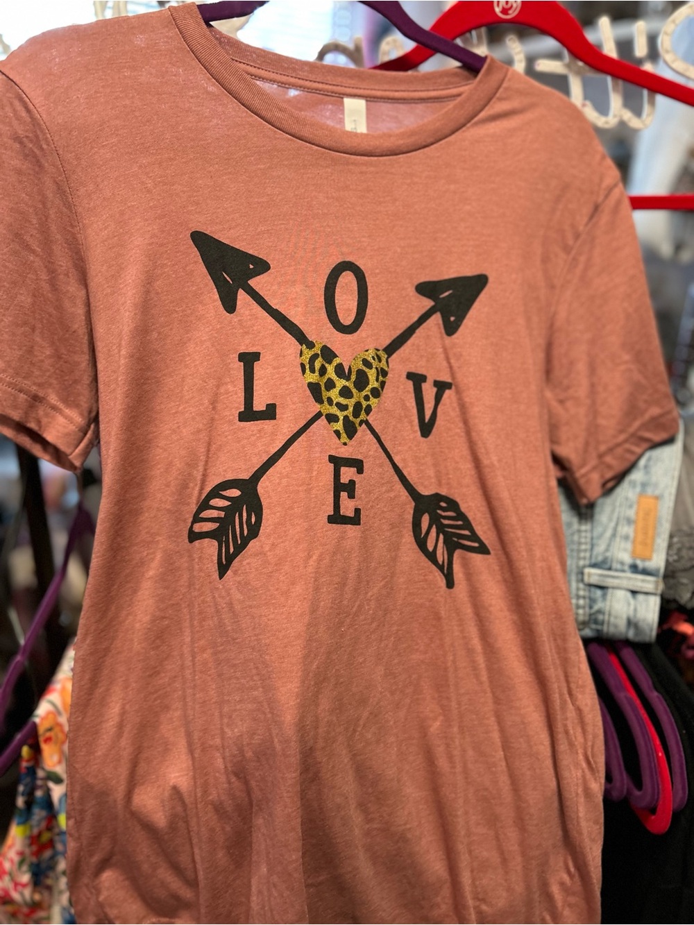BellanBlue Rust Pink Graphic "LOVE" Tee with Leopard Heart